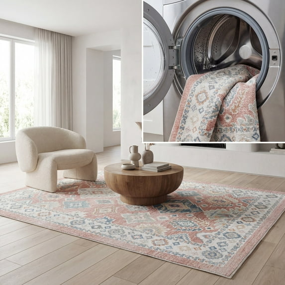 SAFAVIEH Blair Lailee Traditional Machine Washable Area Rug, 6'7" x 6'7" Square, Rose/Blue