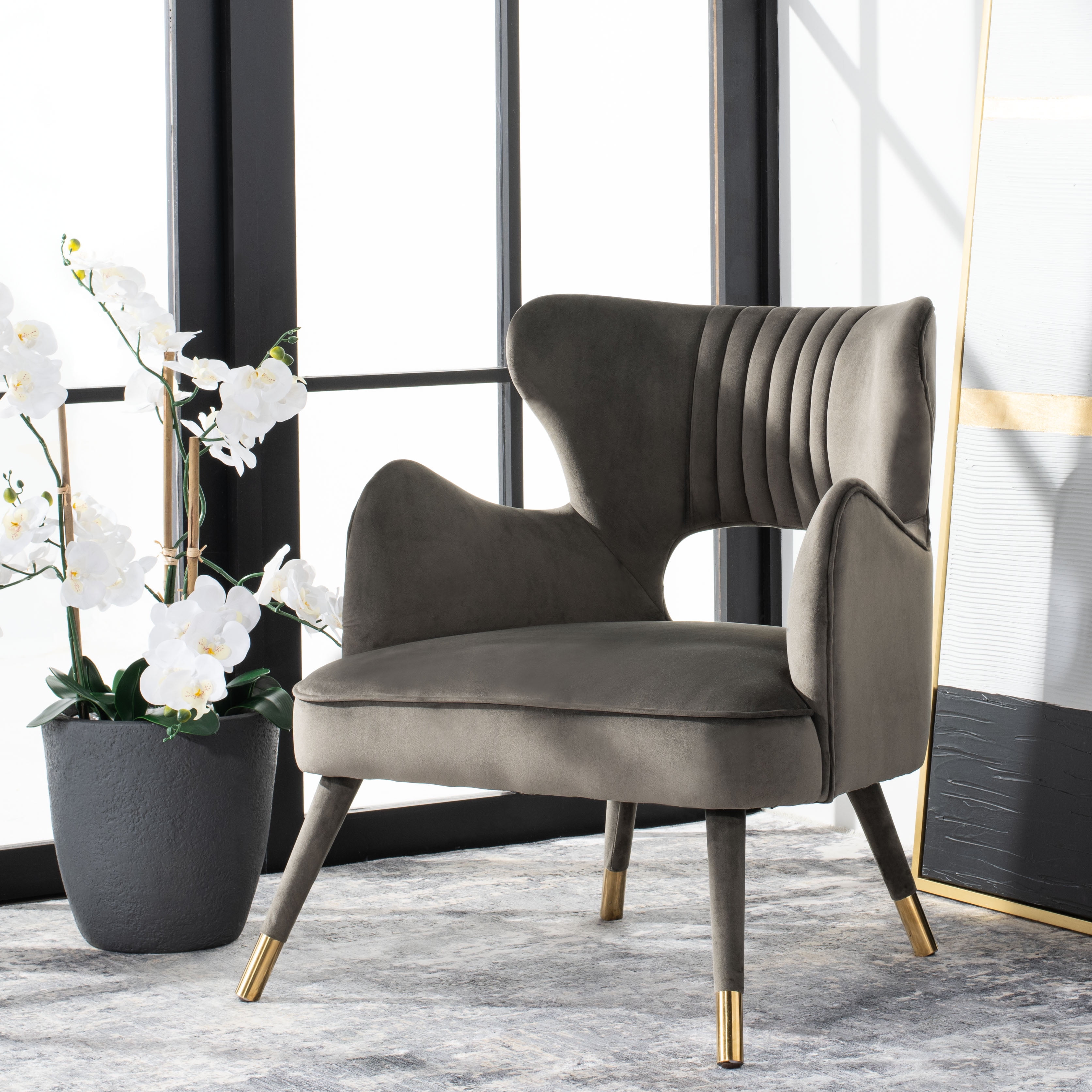 Shale Velvet & Gold-Capped Wood Transitional Accent Chair