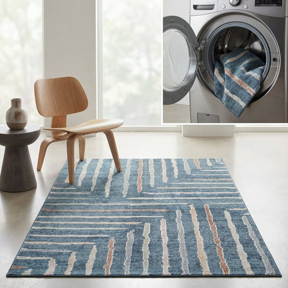 SAFAVIEH Blair Sorrel Geometric Striped Machine Washable Area Rug, 5'3" x 7'6", Blue/Multi