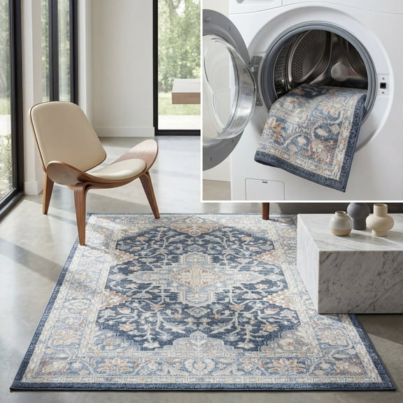 SAFAVIEH Blair Washable Behram Medallion Machine Washable Area Rug, Navy/Blue, 5'3" x 7'6"
