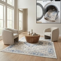 SAFAVIEH Blair Washable Joetta Medallion Machine Washable Area Rug, Ivory/Blue, 5'3" x 7'6"
