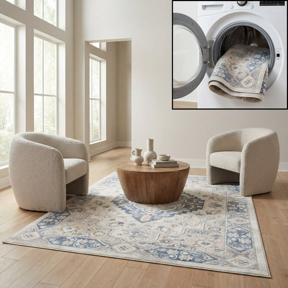 SAFAVIEH Blair Washable Joetta Medallion Machine Washable Area Rug, Ivory/Blue, 5'3" x 7'6"