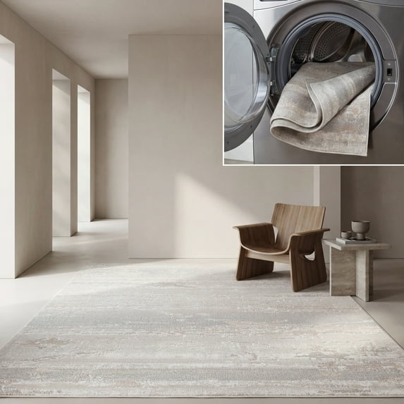 SAFAVIEH Blair Washable Macy Abstract Machine Washable Area Rug, Beige/Blue, 4' x 6'