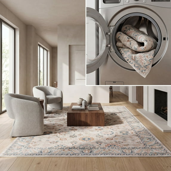 SAFAVIEH Blair Zyana Traditional Machine Washable Area Rug, 9' x 12', Beige/Grey