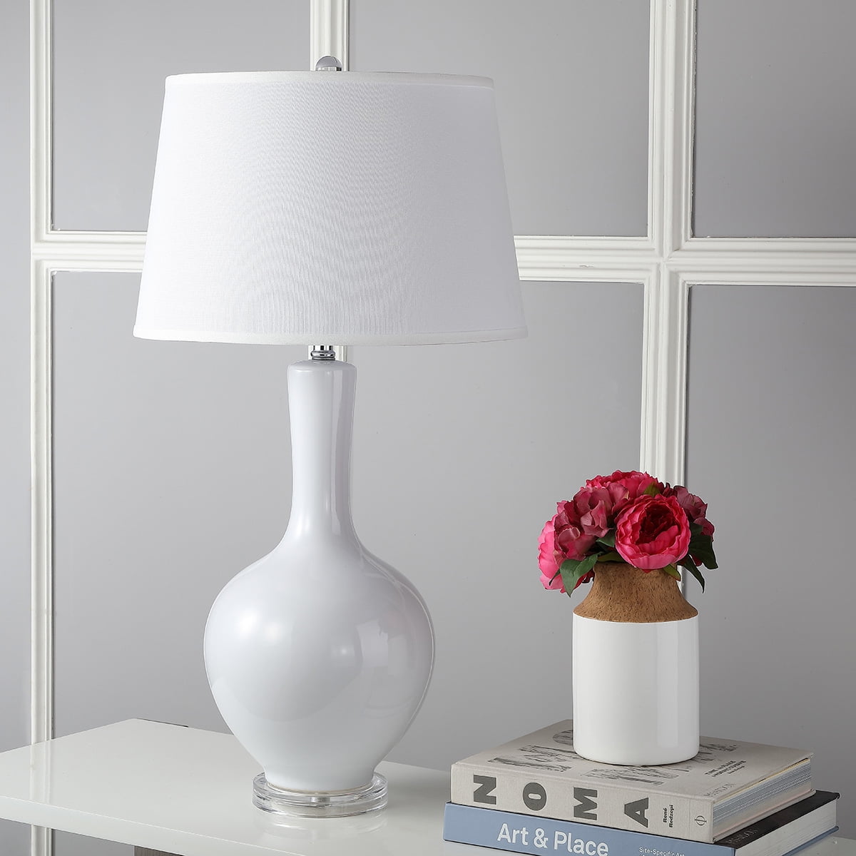 Blanche White Ceramic Gourd Lamp Set with Cotton Shade
