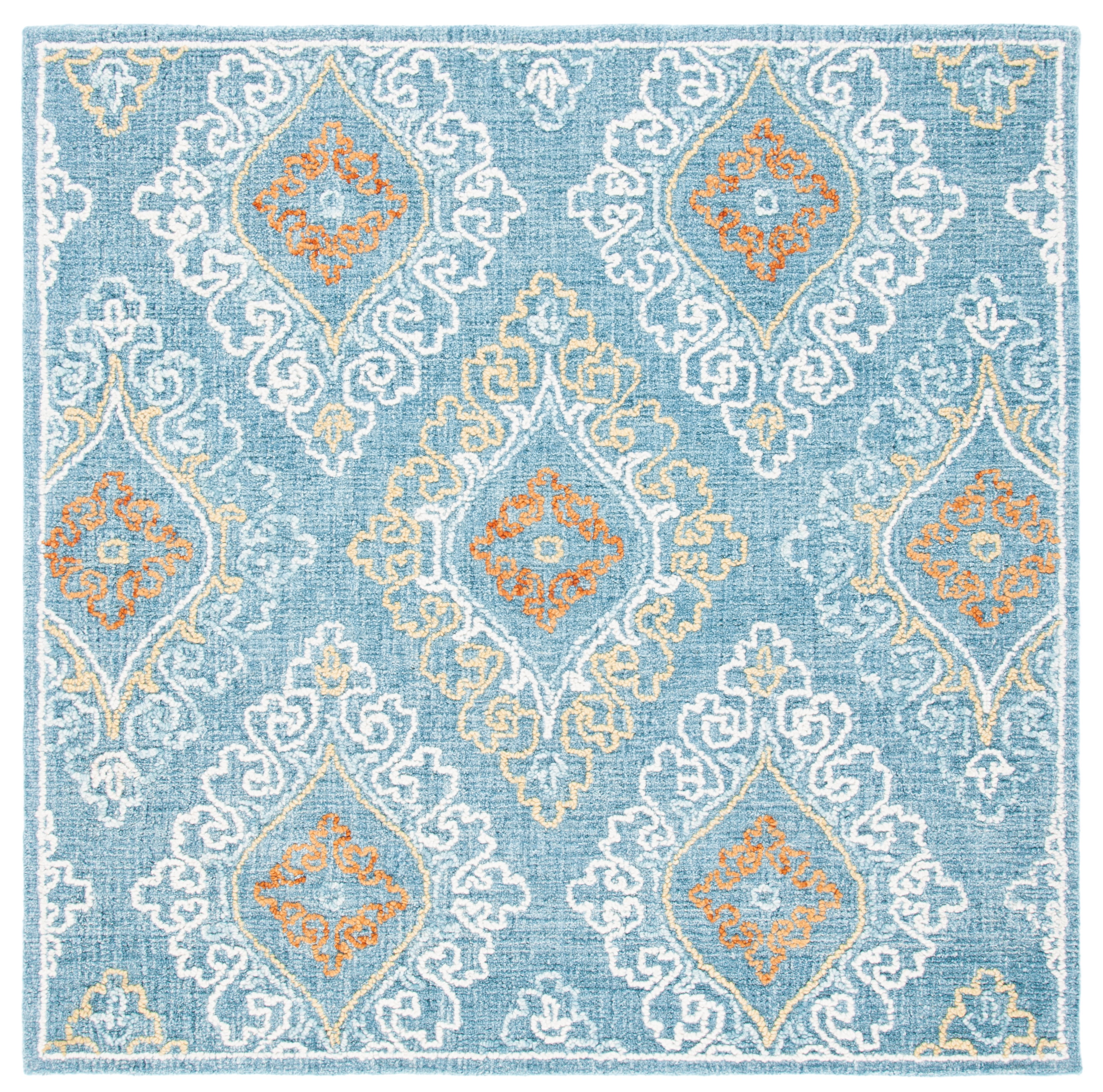 Handmade Blue Floral Tufted Wool Square Rug 6' x 6'
