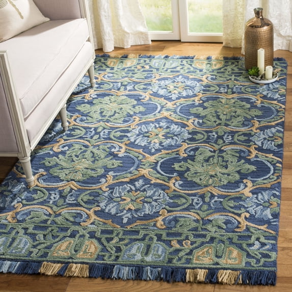 SAFAVIEH Blossom Abram Floral Mediallion Wool Fringed Area Rug, Navy/Green, 9' x 12'