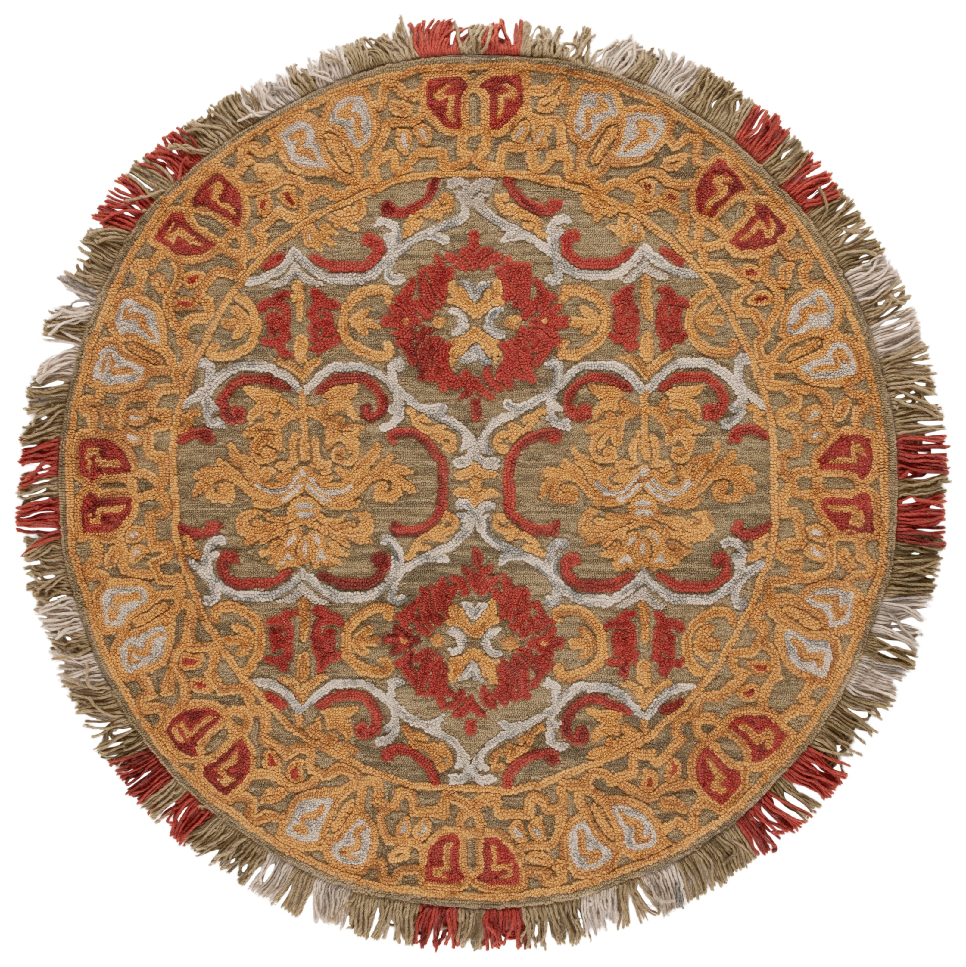 Handmade Round Red and Gold Floral Wool Area Rug