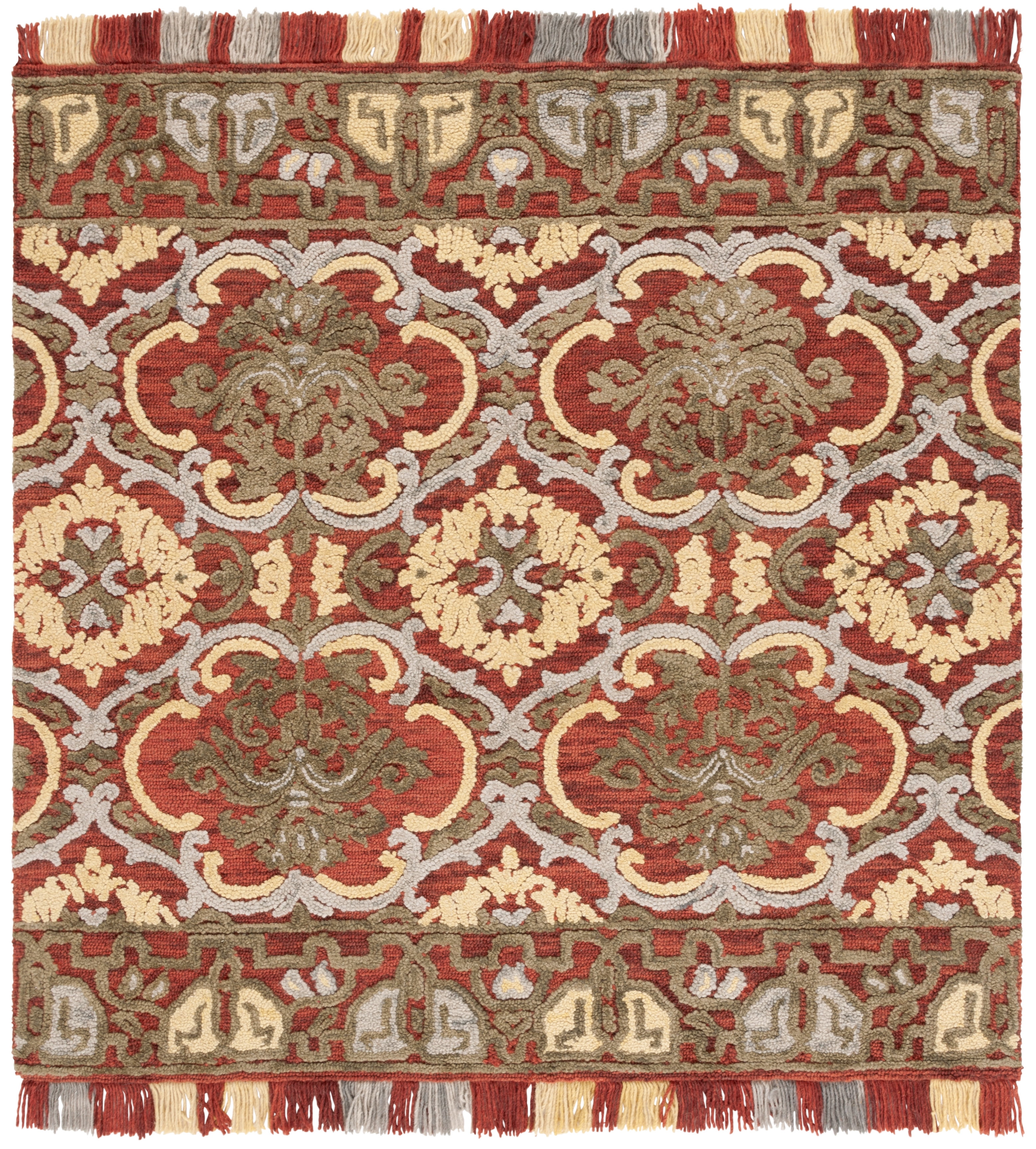 Handmade Red and Gold Floral Wool Square Rug, 6' x 6'