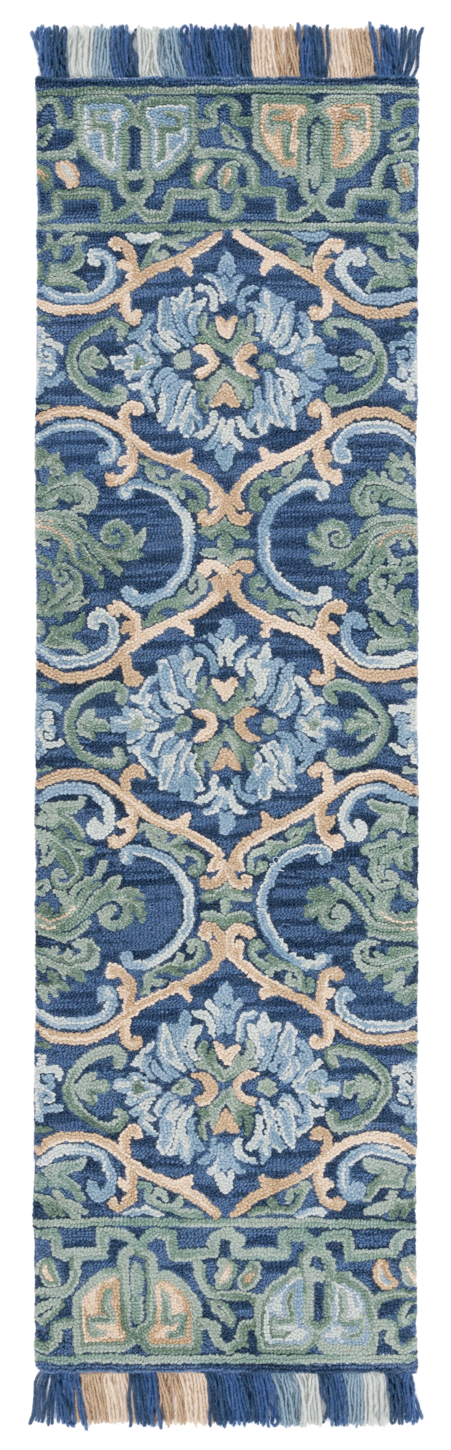Handmade Navy and Green Wool Geometric Runner Rug