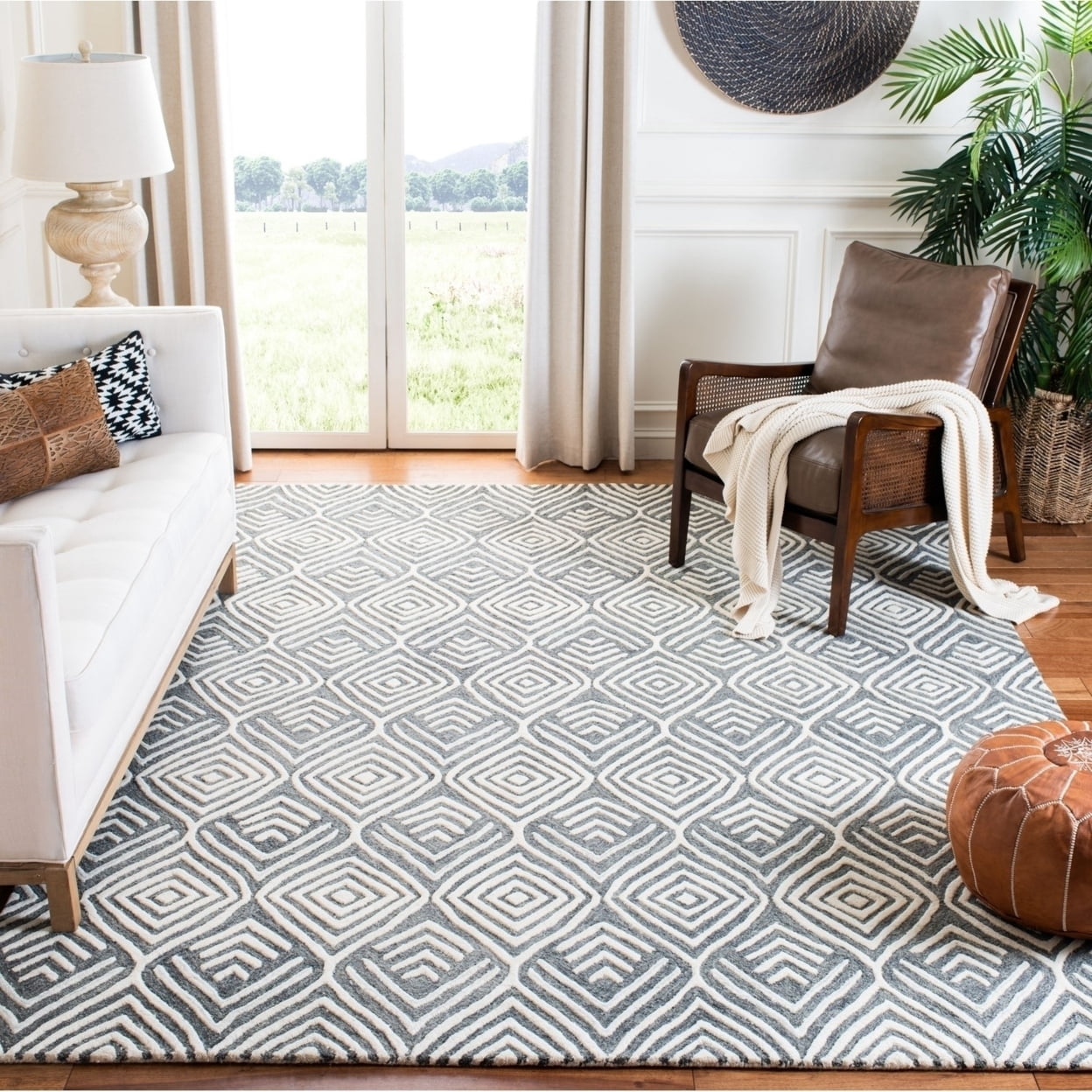 SAFAVIEH Blossom Anthony Trellis Geometric Wool Area Rug, Ivory/Grey, 6' x 6' Square