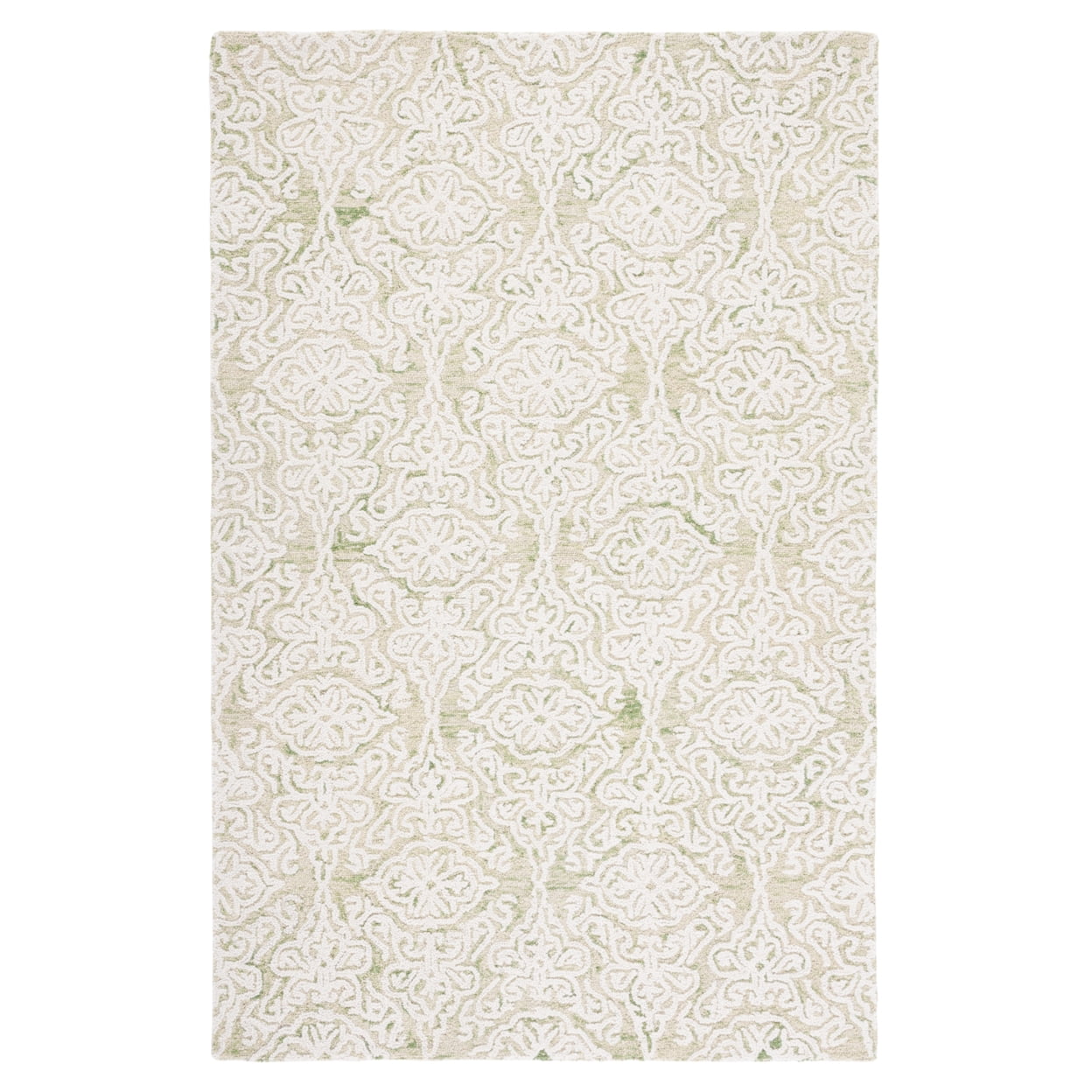 Ivory and Light Green Floral Wool Handmade Rug, 5' x 8'