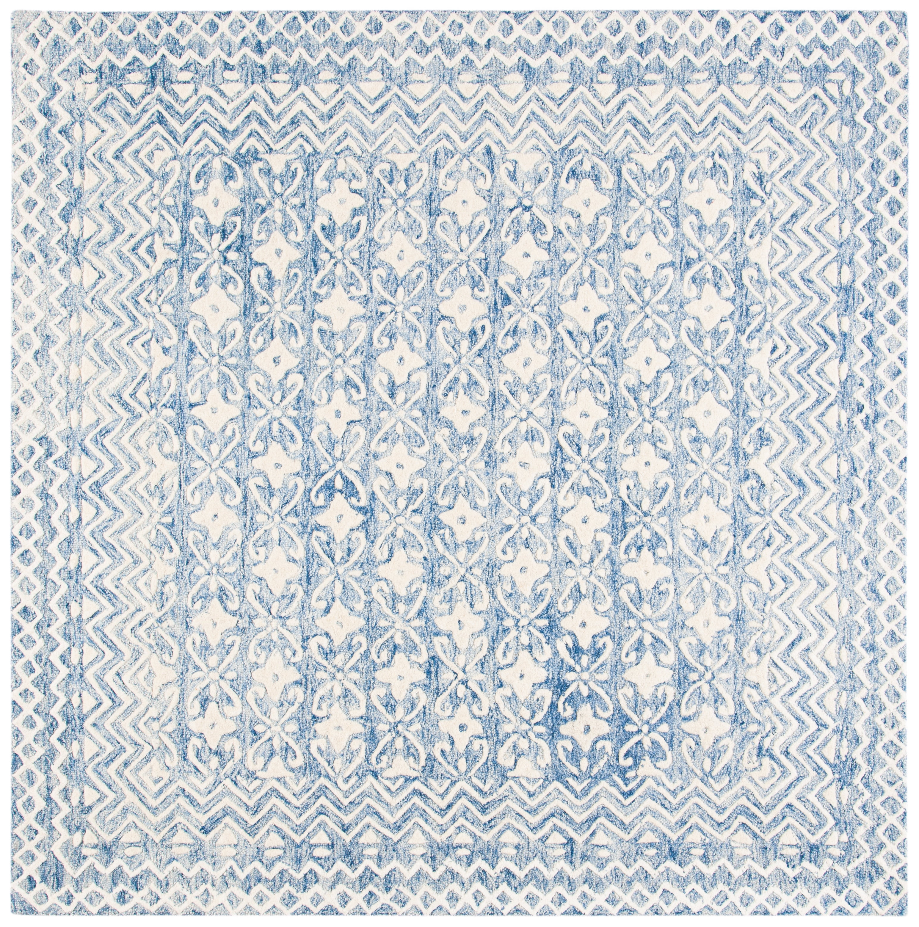 Handmade Blue Floral Tufted Wool Square Area Rug, 6' x 6'
