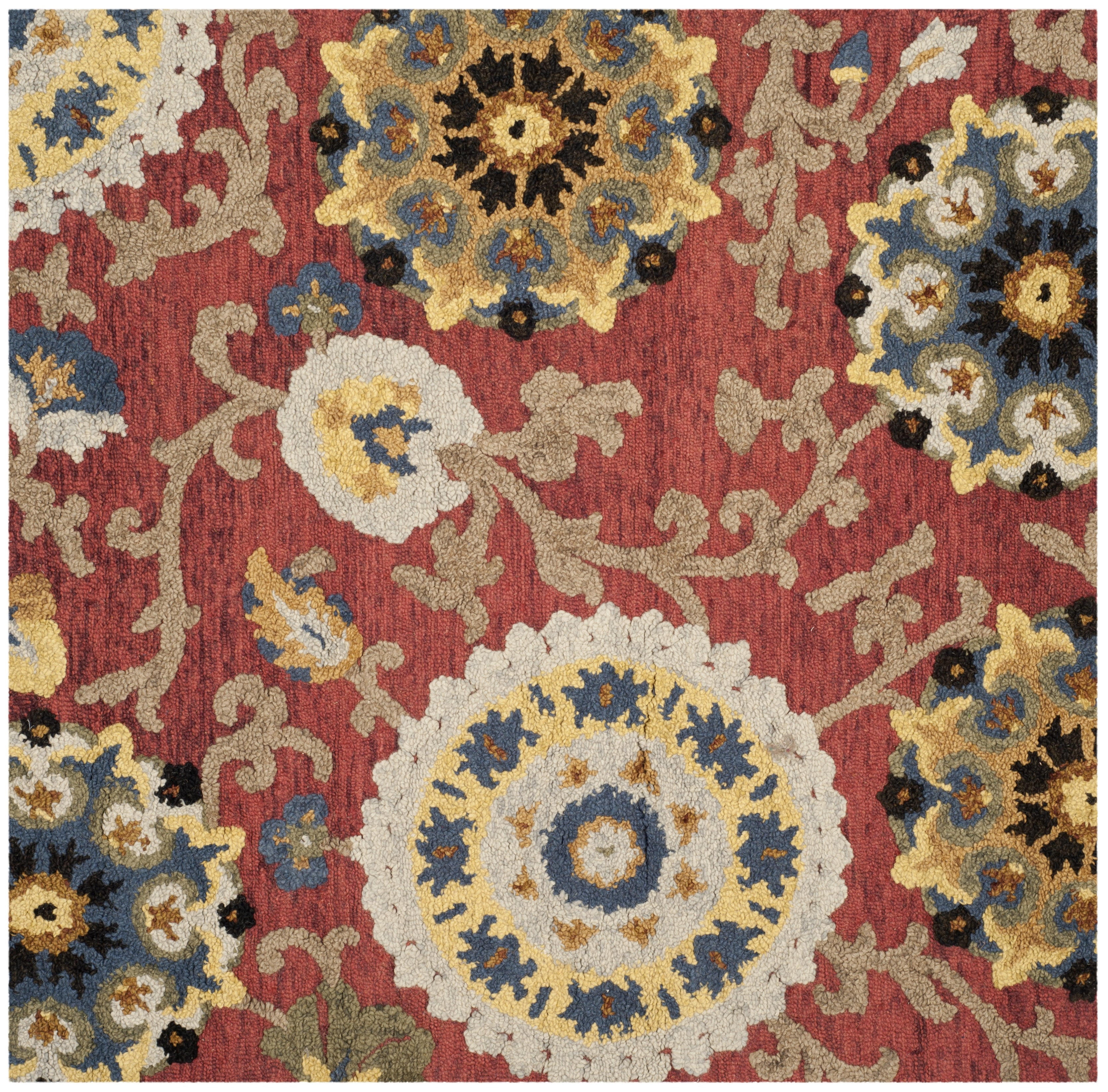 Handmade Red Wool Tufted Floral Square Rug
