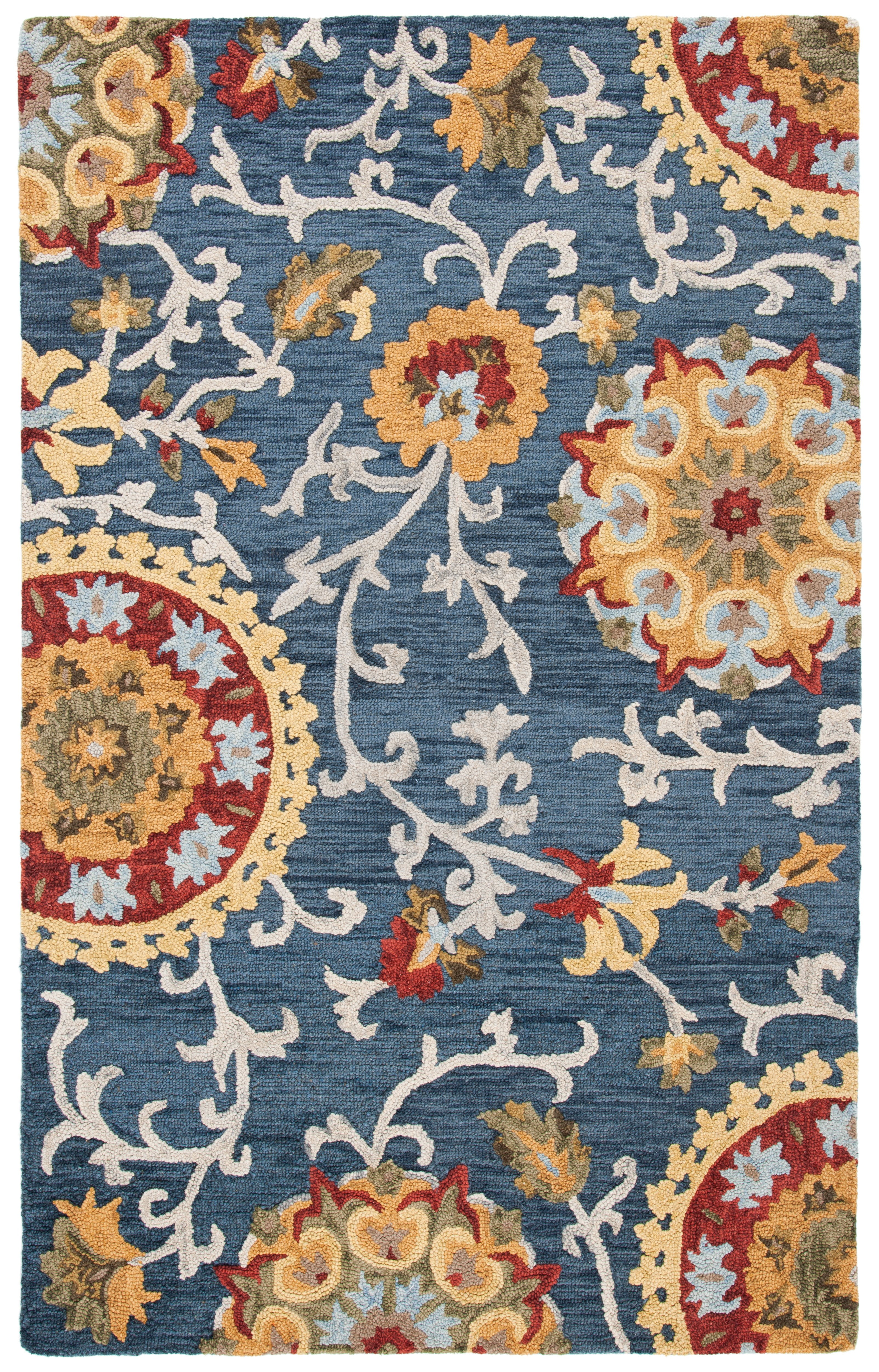 Handmade Blue Wool Floral 6' x 9' Area Rug