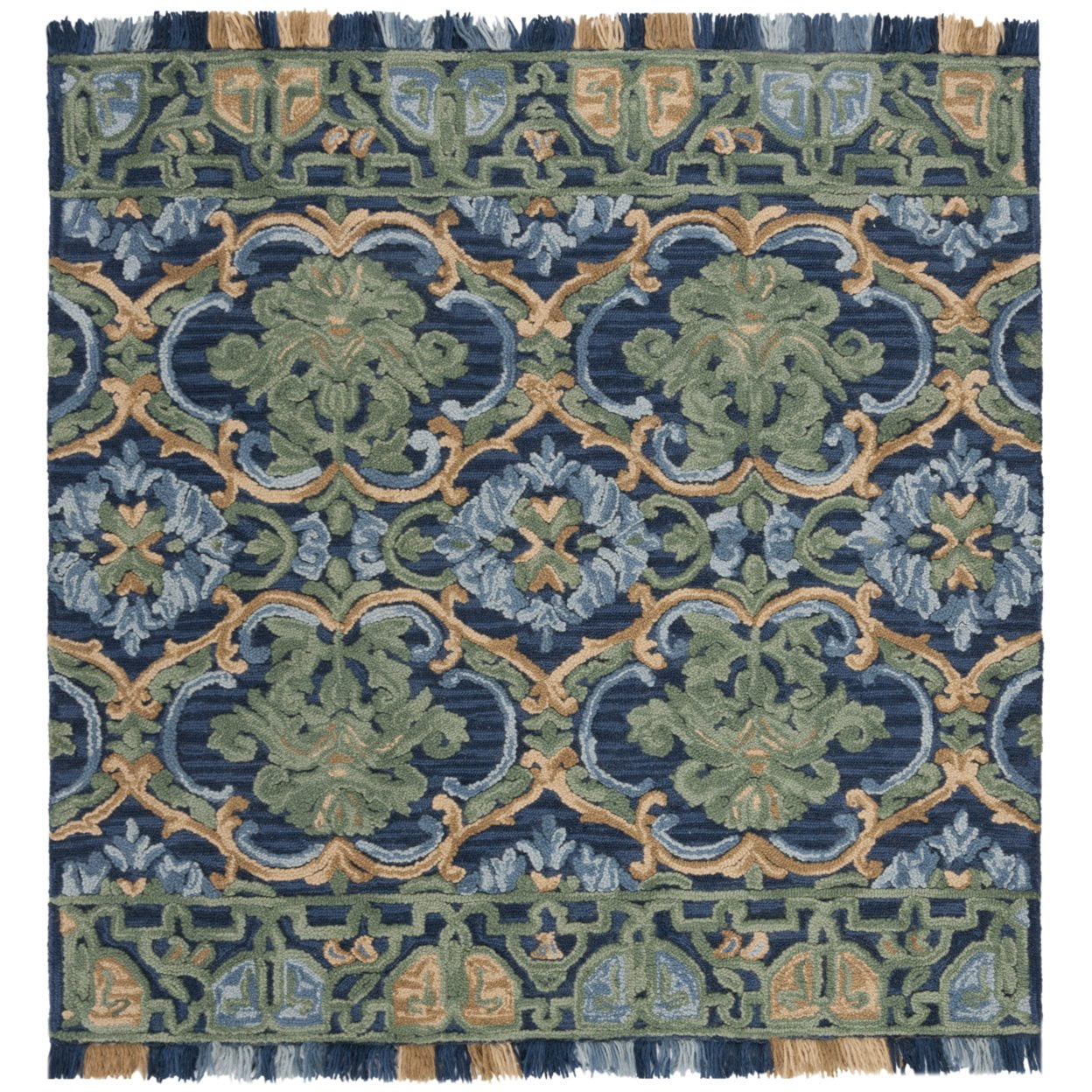 Handmade Navy and Green Floral Wool Rug, 8' Square