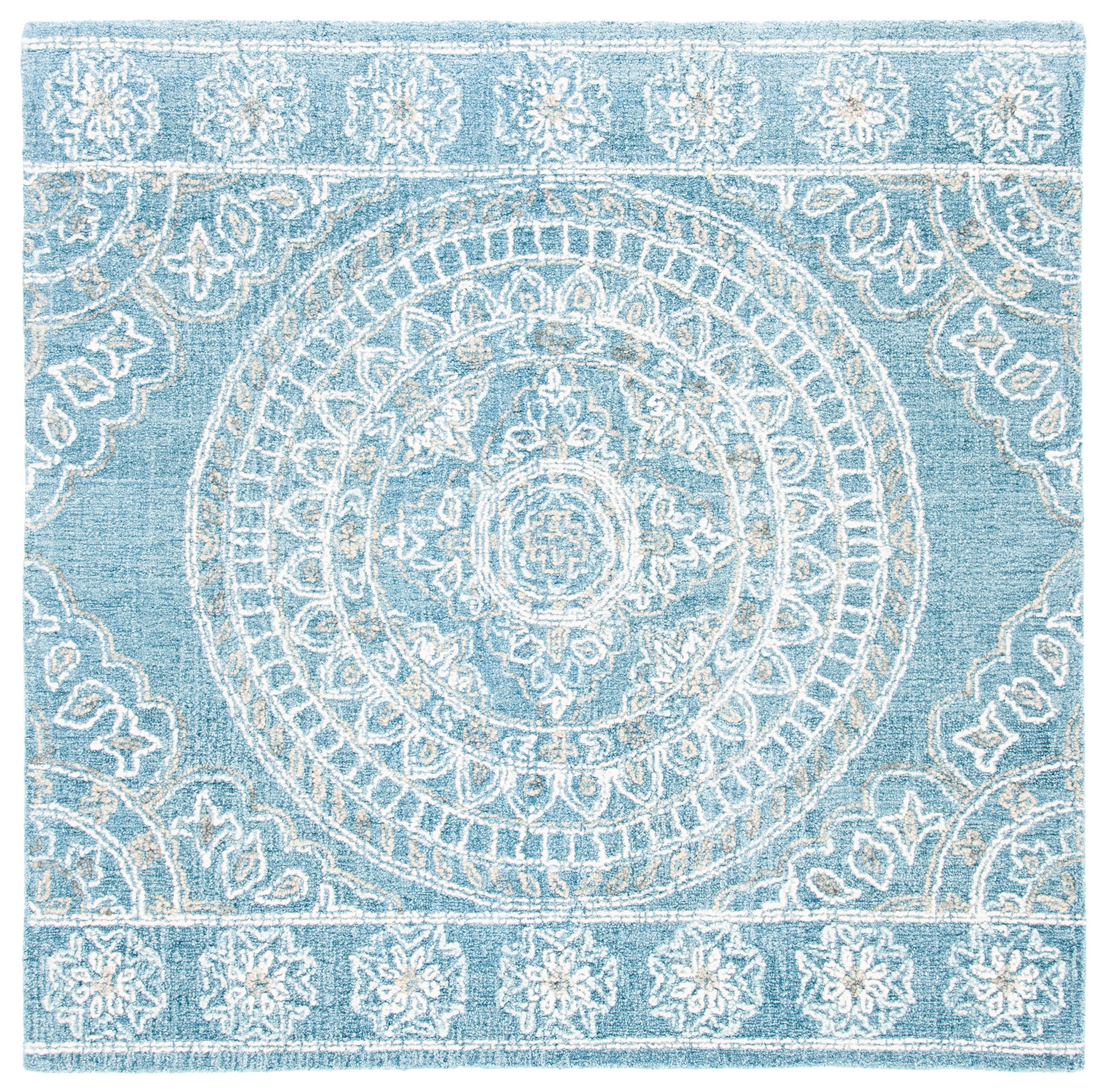 Ivory and Blue Floral Handmade Wool Square Rug