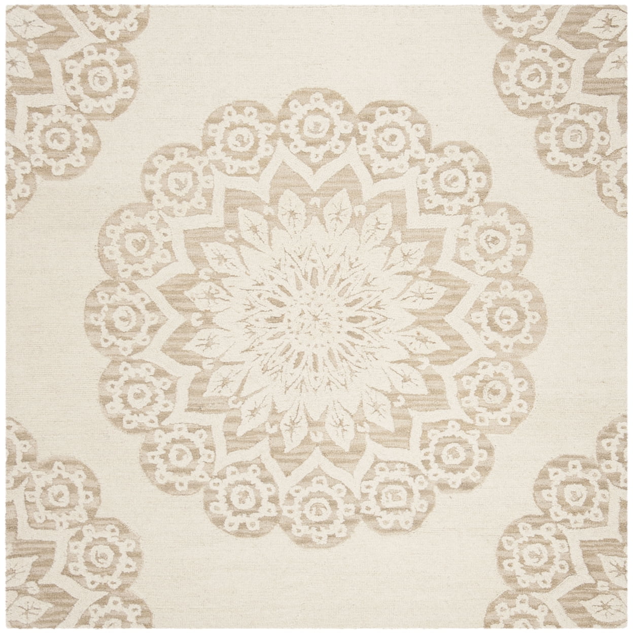 Ivory Floral Handmade Wool Square Area Rug