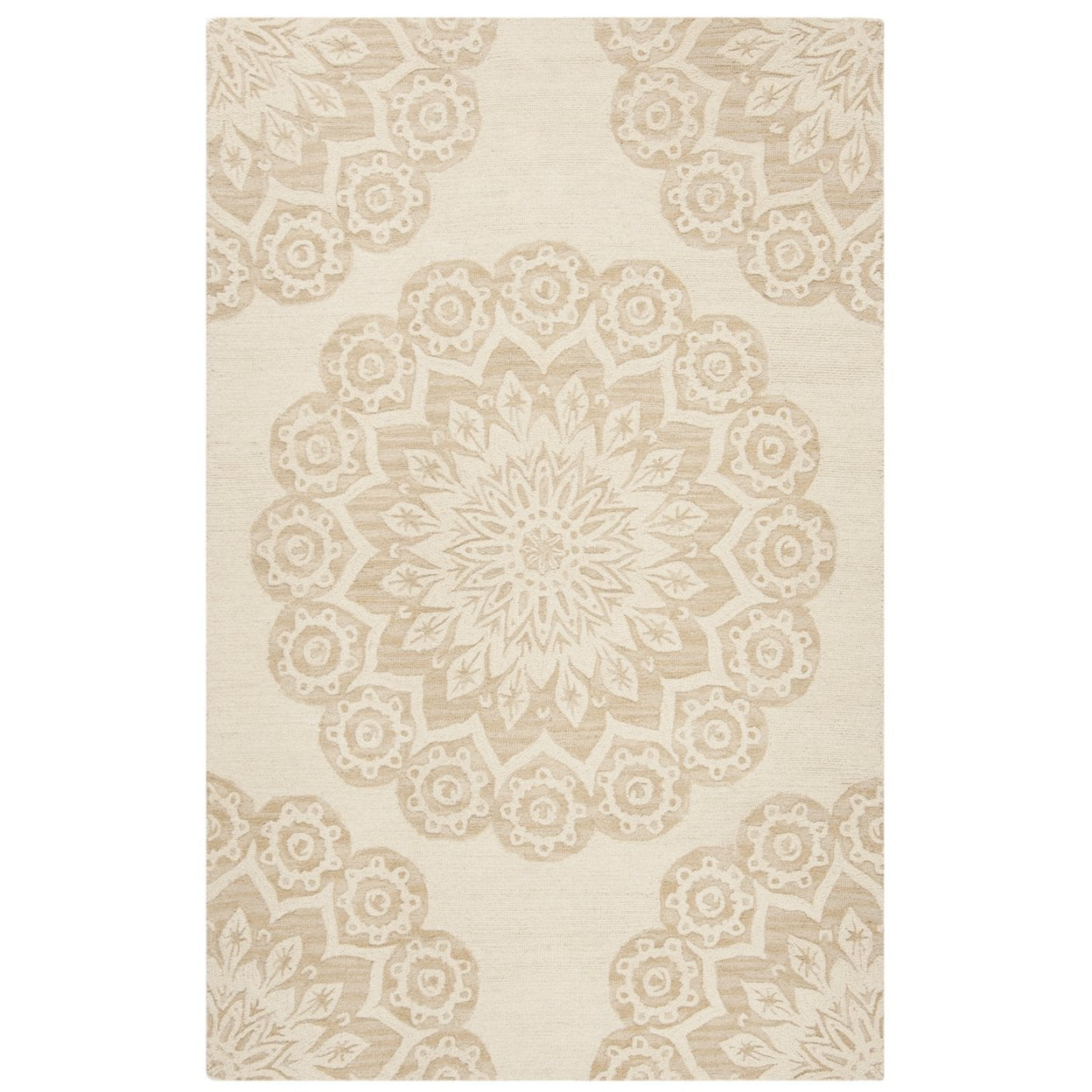 Ivory Floral Tufted Handmade Wool Round Area Rug