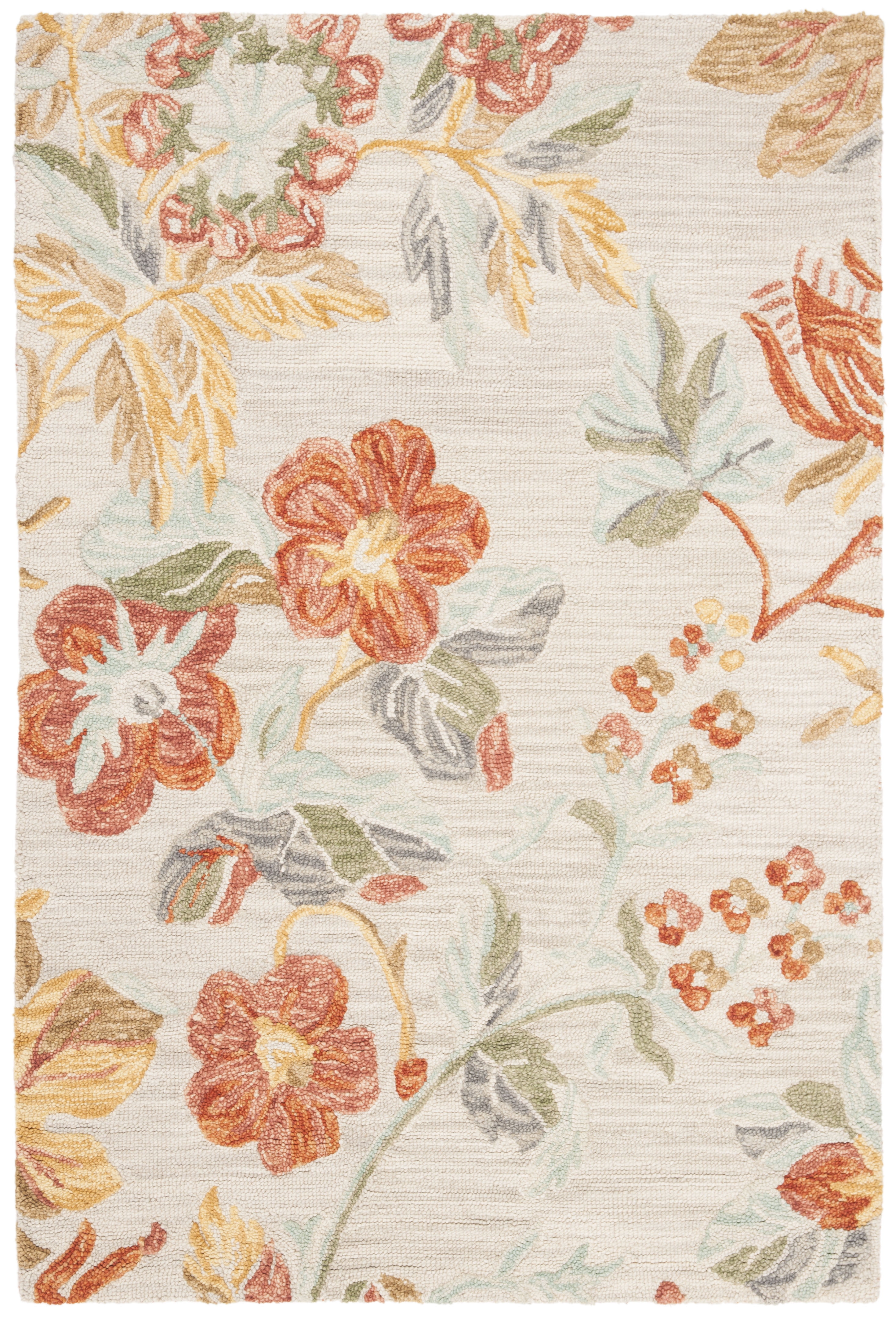 Handmade Greige Wool Area Rug with Orange and Gold Floral Print, 3' x 5'