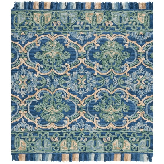 SAFAVIEH Blossom Casey Floral Medallion Wool Fringed Area Rug, Navy/Green, 6' x 6' Square