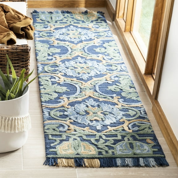 SAFAVIEH Blossom Casey Floral Medallion Wool Fringed Runner Rug, Navy/Green, 2'3" x 6'