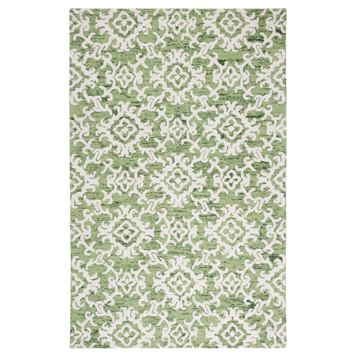 Ivory and Green Tufted Wool 4' x 6' Area Rug