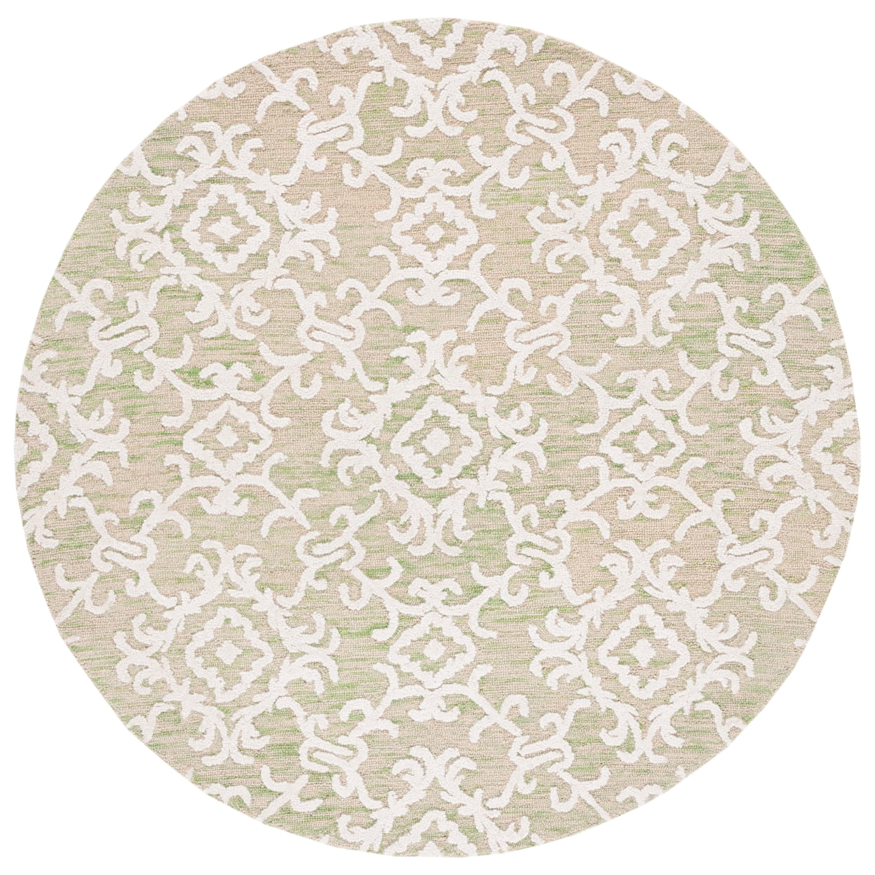 Ivory and Light Green Round Tufted Wool Area Rug, 6'