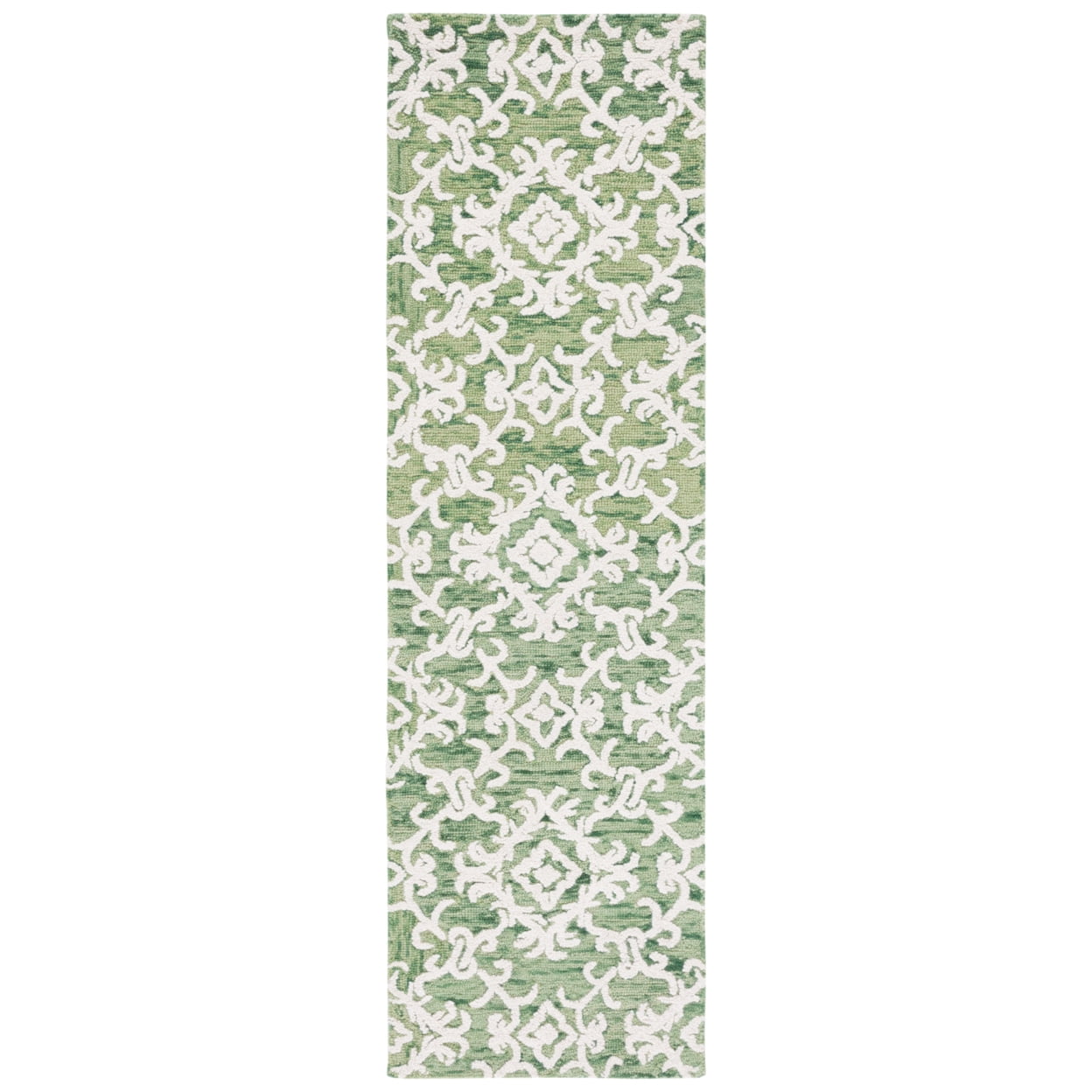 Handmade Green and Ivory Floral Wool Runner Rug, 2'3" x 8'