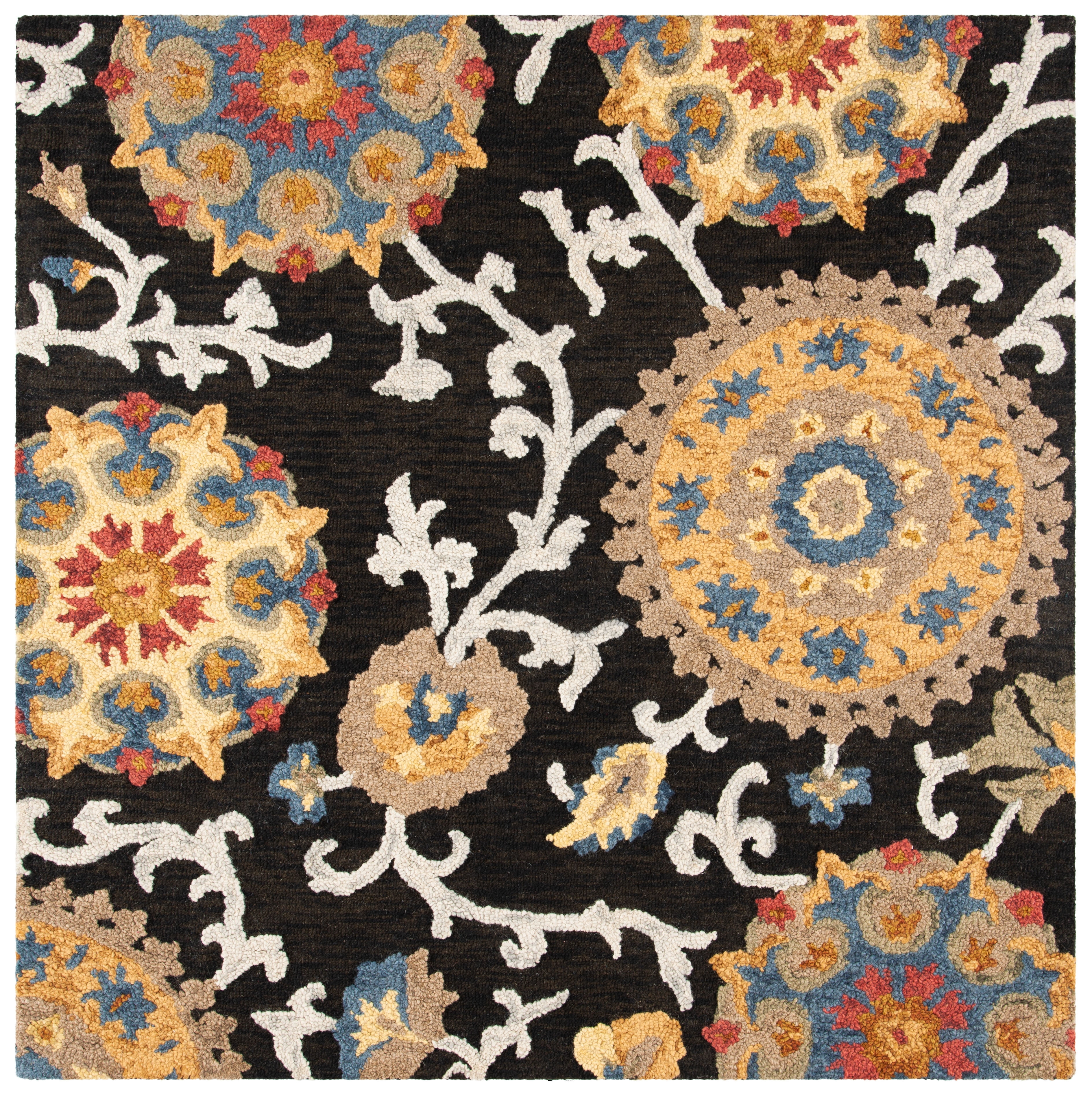Charcoal & Multi Floral Hand-Tufted Wool Square Rug - 6' x 6'