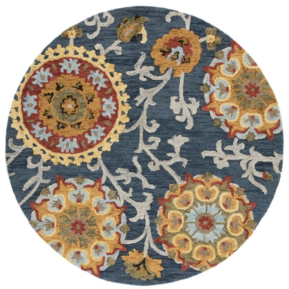 SAFAVIEH Blossom Danny Floral Wool Area Rug, Navy/Multi, 6' x 6' Round