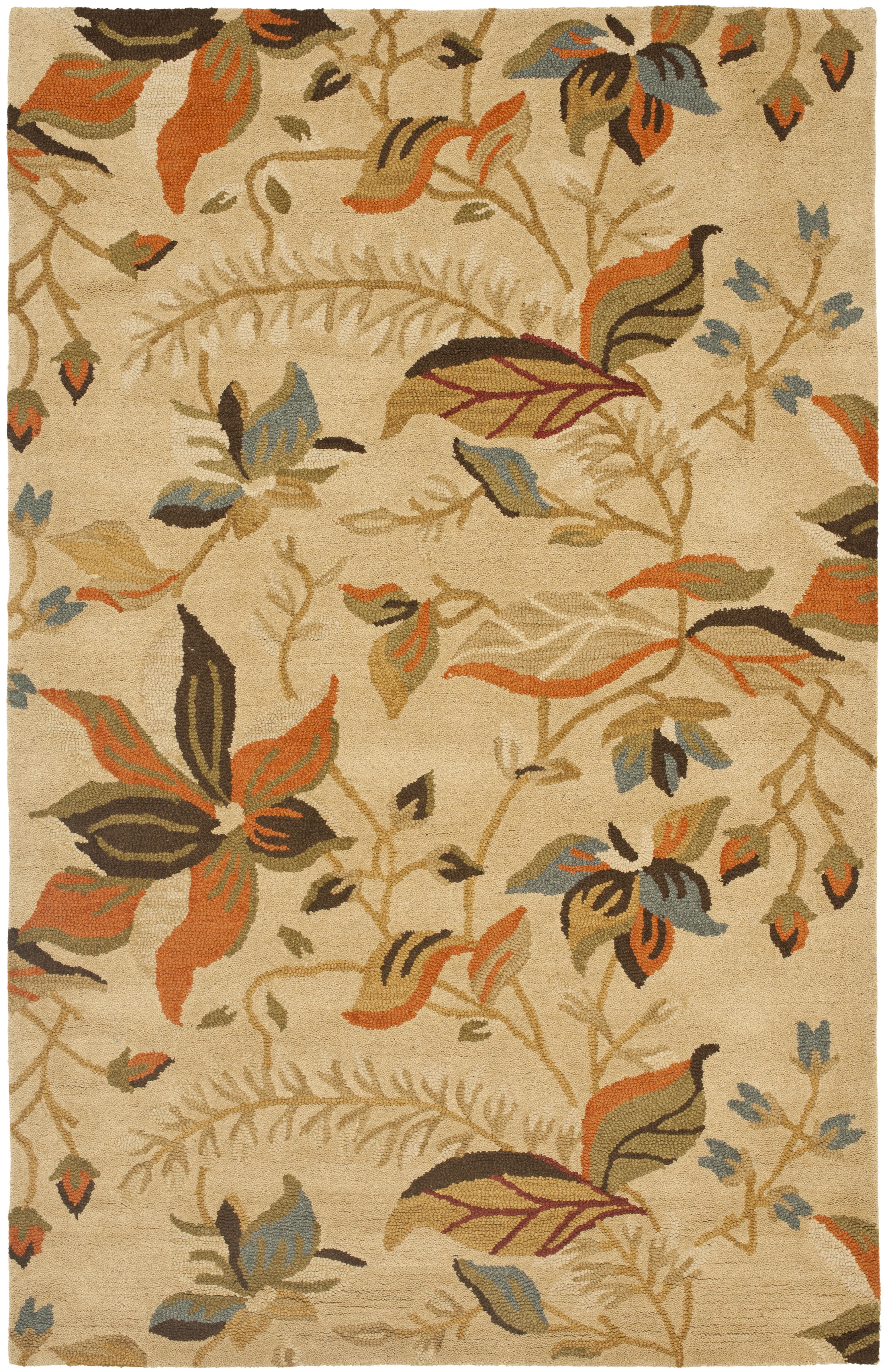 Beige and Multicolor Floral Handmade Wool 4' x 6' Rug