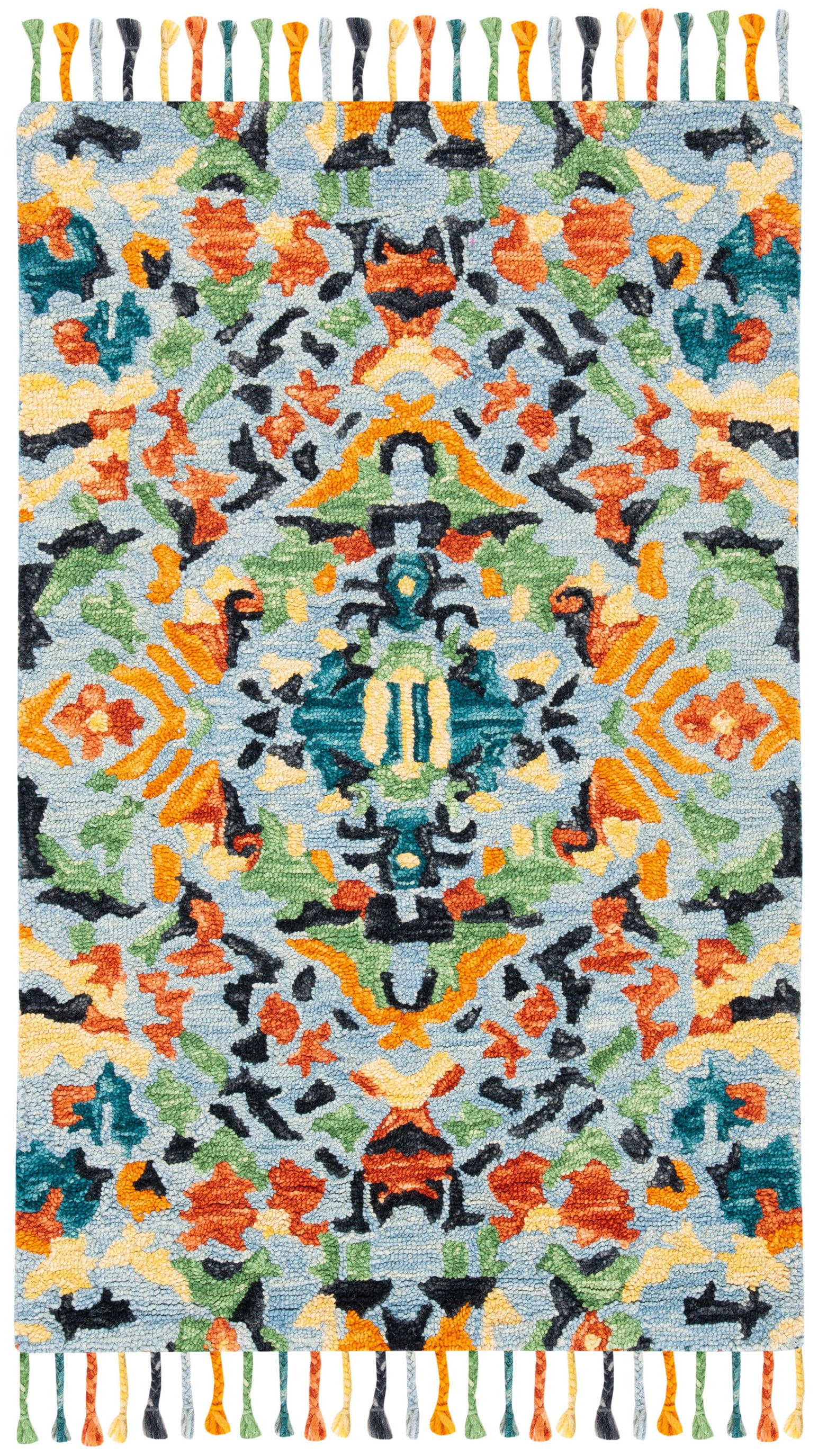 Handmade Blue Wool Floral Rectangular Area Rug with Tassels
