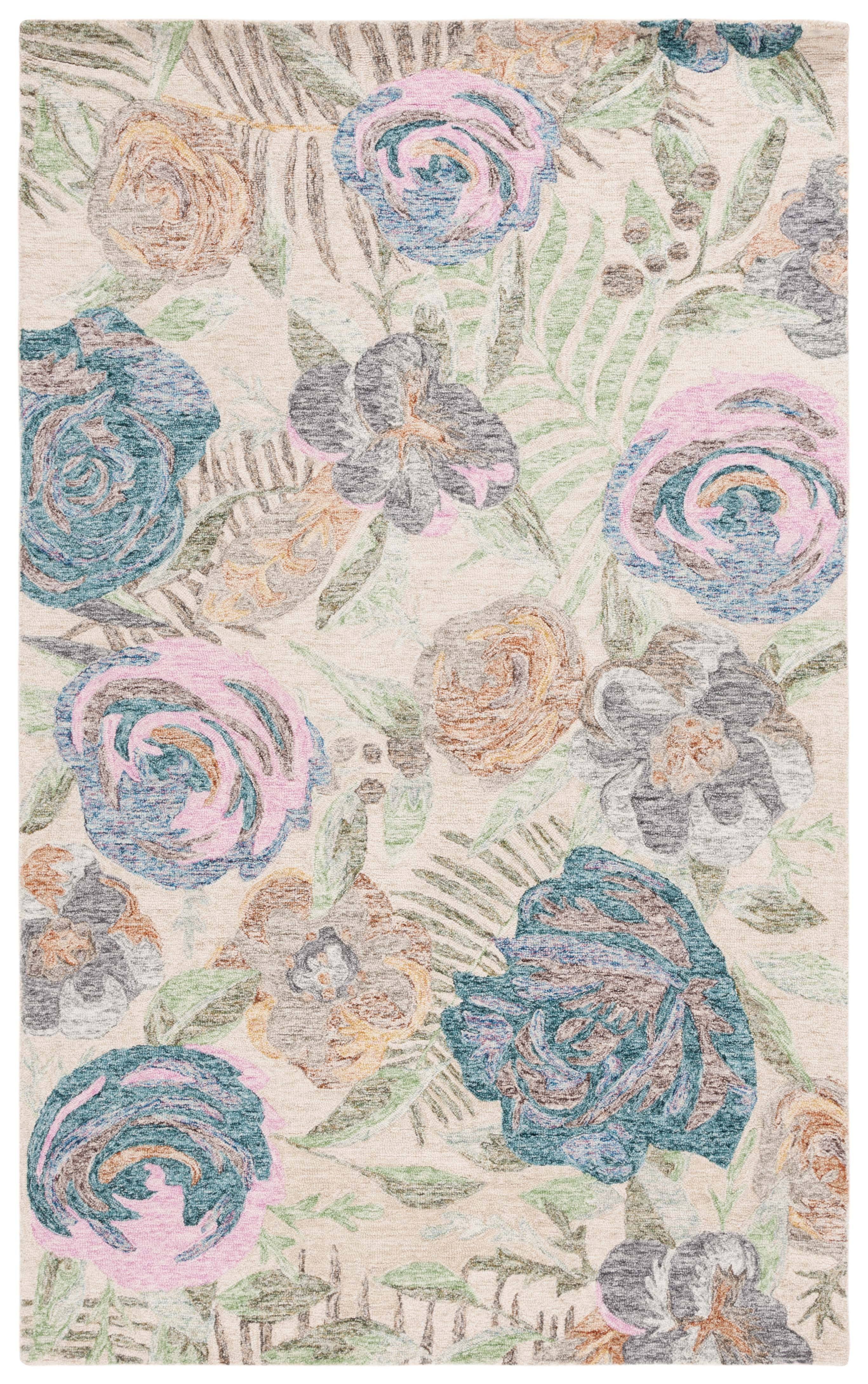 Green and Pink Floral Hand-Tufted Wool Area Rug, 6' x 9'