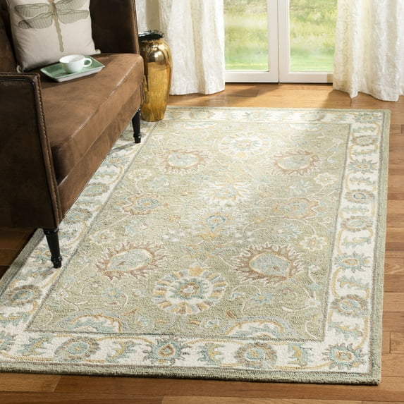 SAFAVIEH Blossom Fletcher Floral Bordered Wool Area Rug, Sage/Ivory, 4' x 6'