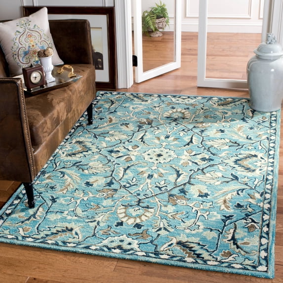 SAFAVIEH Blossom Frona Floral Wool Fringed Area Rug, Blue/Ivory, 4' x 6'