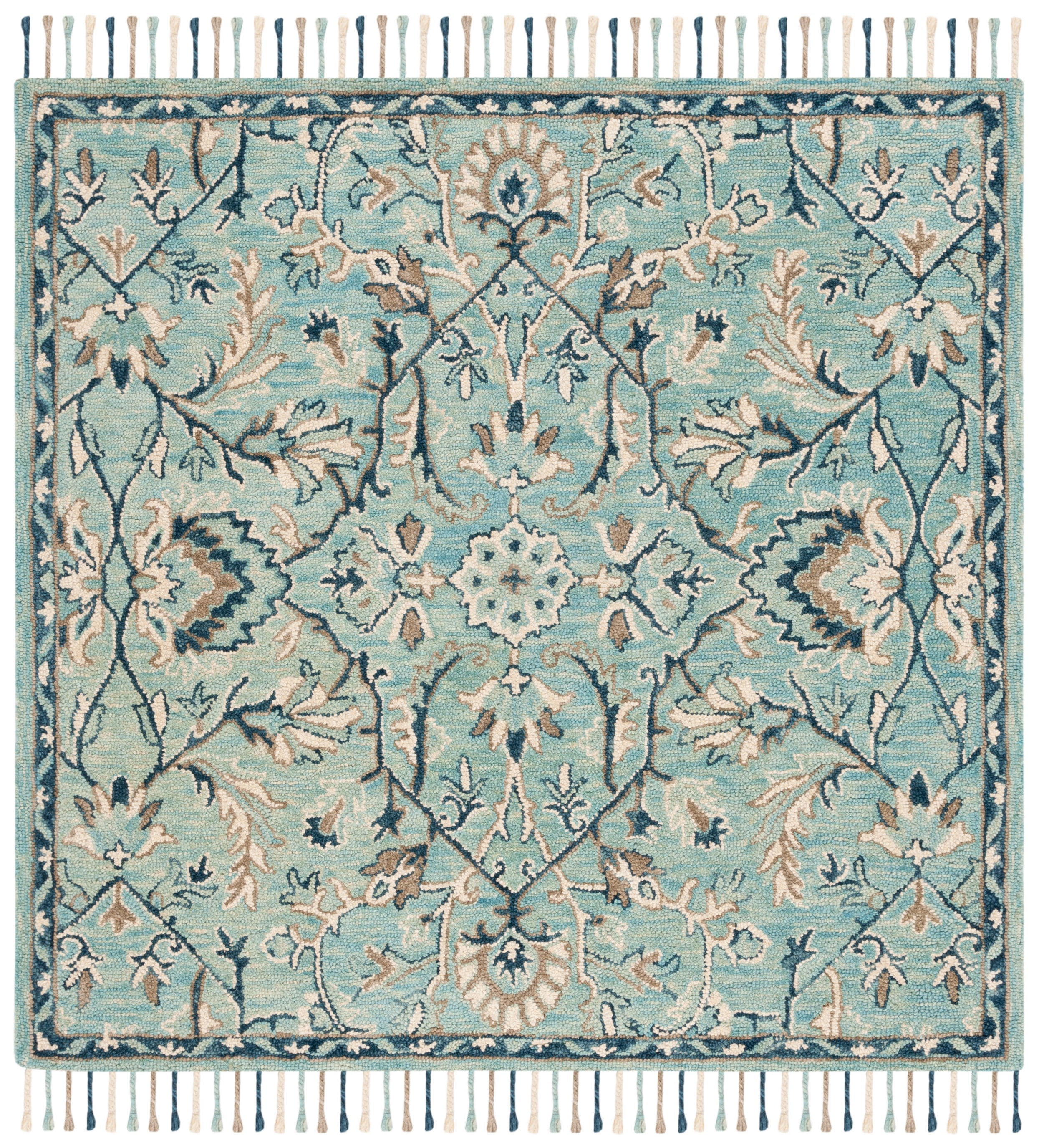 Blossom Blue and Ivory 6' Square Handmade Wool Area Rug