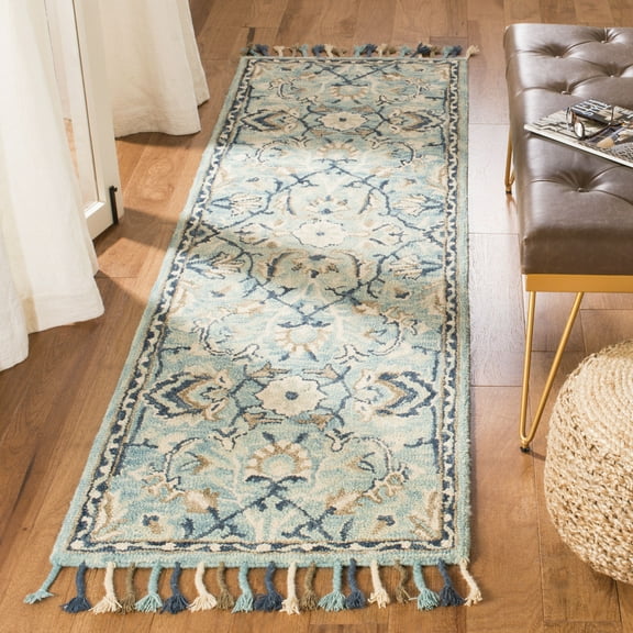 SAFAVIEH Blossom Frona Floral Wool Fringed Runner Rug, Blue/Ivory, 2'3" x 10'