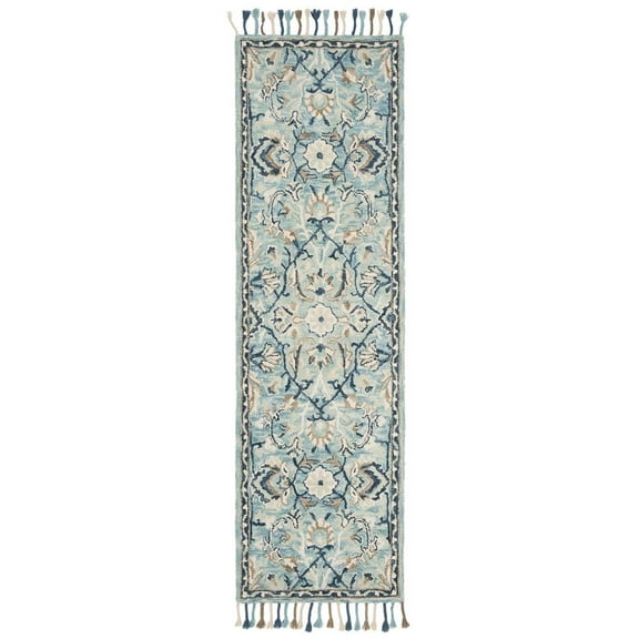 SAFAVIEH Blossom Frona Floral Wool Fringed Runner Rug, Blue/Ivory, 2'3" x 8'