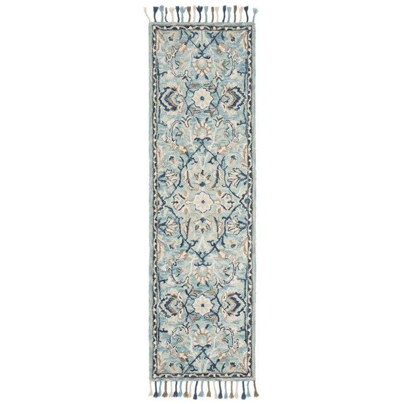 SAFAVIEH Blossom Frona Floral Wool Fringed Runner Rug, Blue/Ivory, 2'3" x 8'