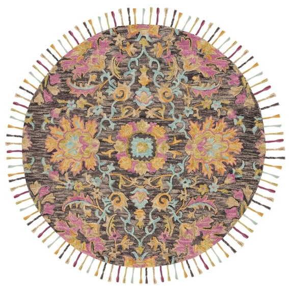 SAFAVIEH Blossom Gavril Southwestern Wool Area Rug, Charcoal/Multi, 6' x 6' Round