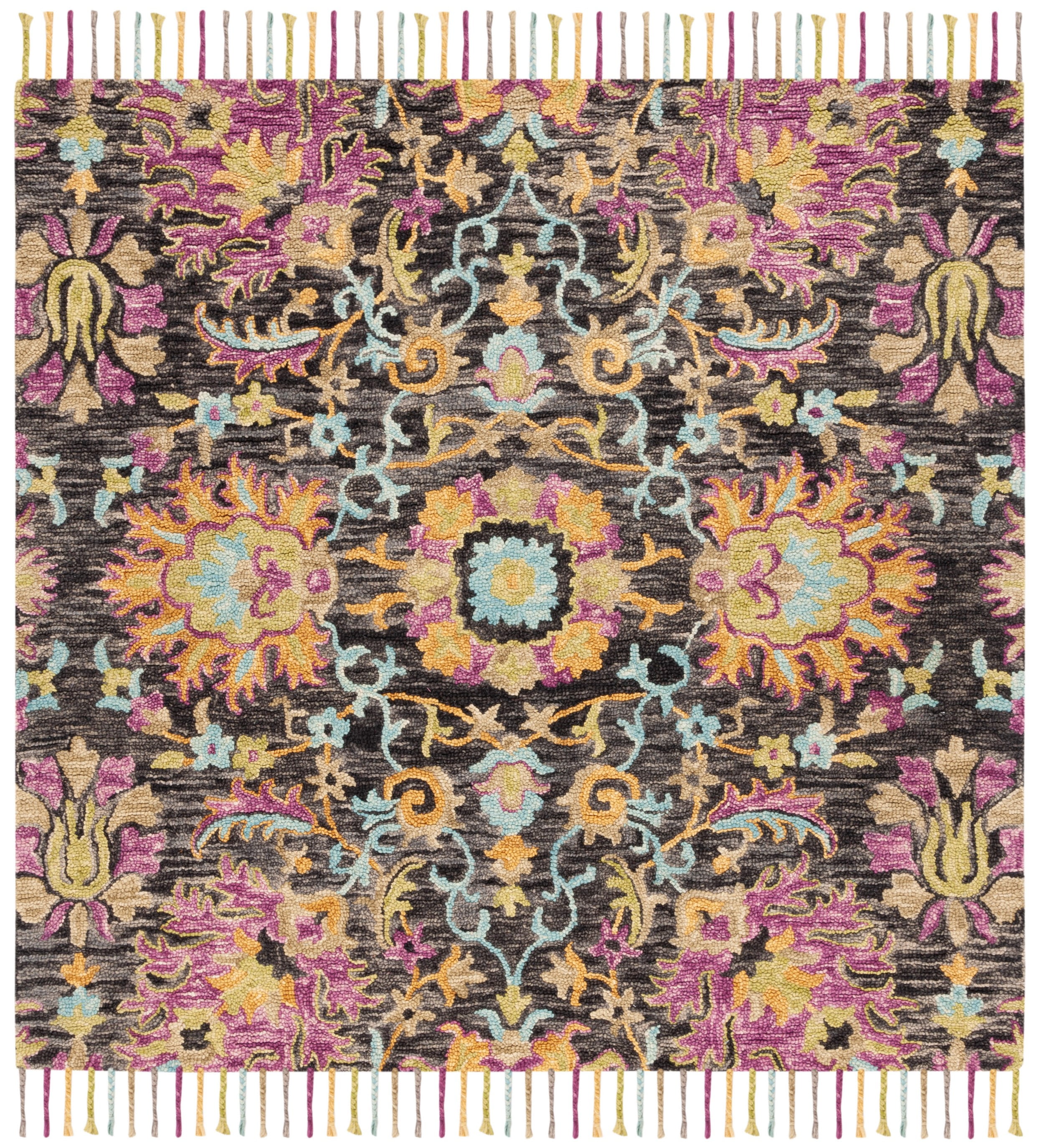 Handmade Charcoal & Multicolor Floral Wool 6' Square Rug