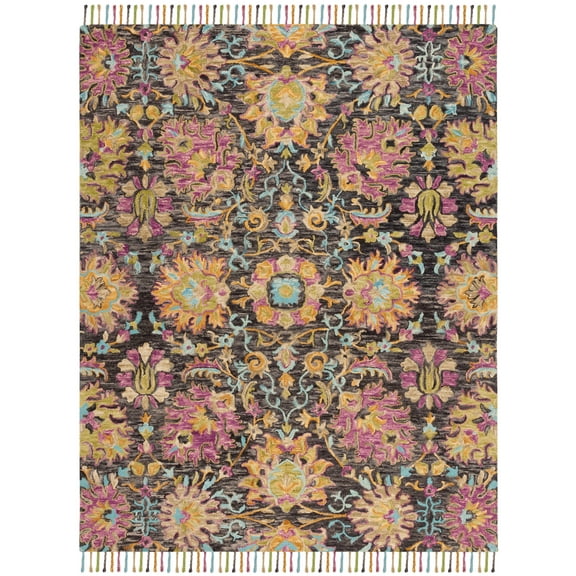 SAFAVIEH Blossom Gavril Floral Wool Fringed Runner Rug, Charcoal/Multi, 2'3" x 8'