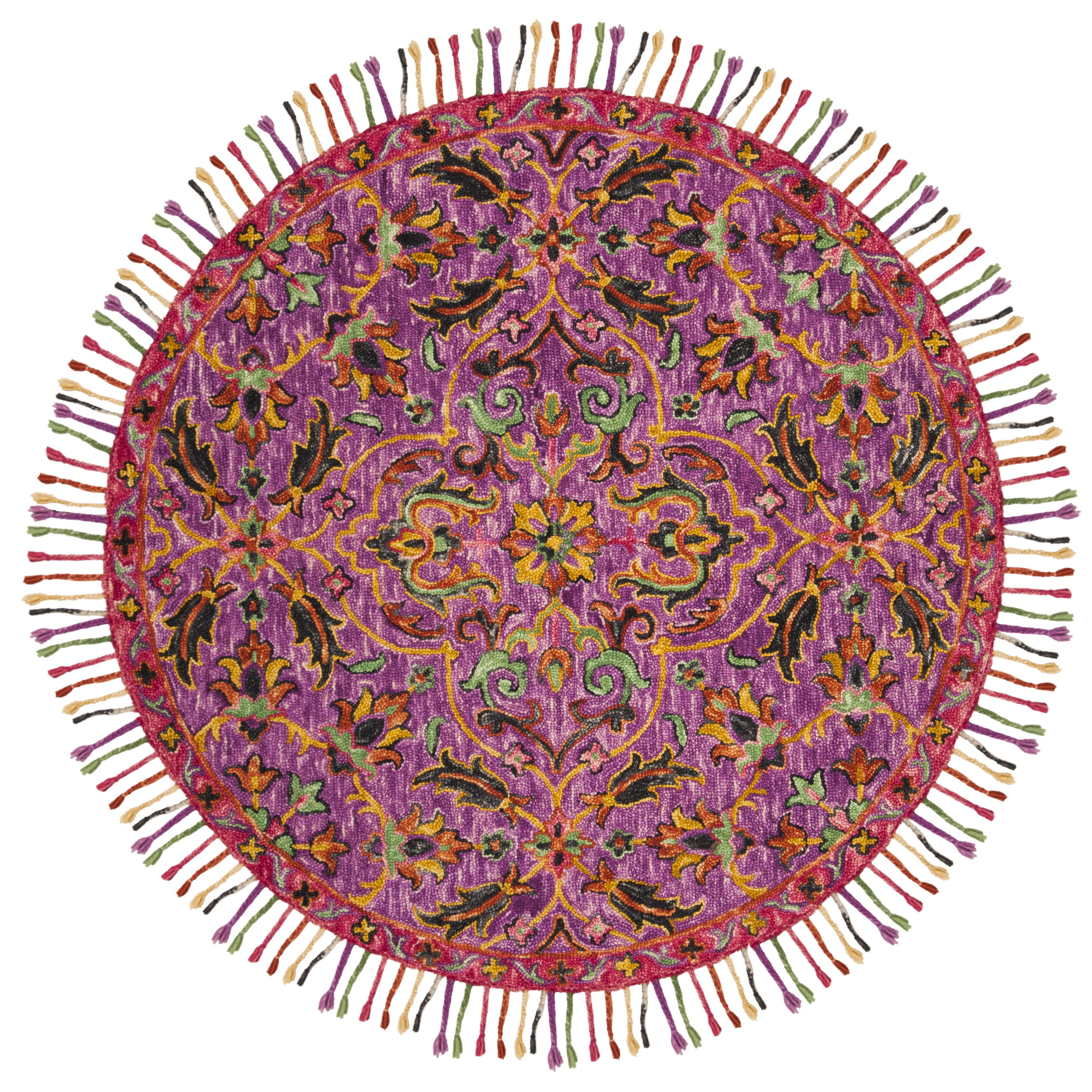 SAFAVIEH Blossom Hamilton Floral Wool Fringed Area Rug, Grey/Multi, 6' x 6' Round