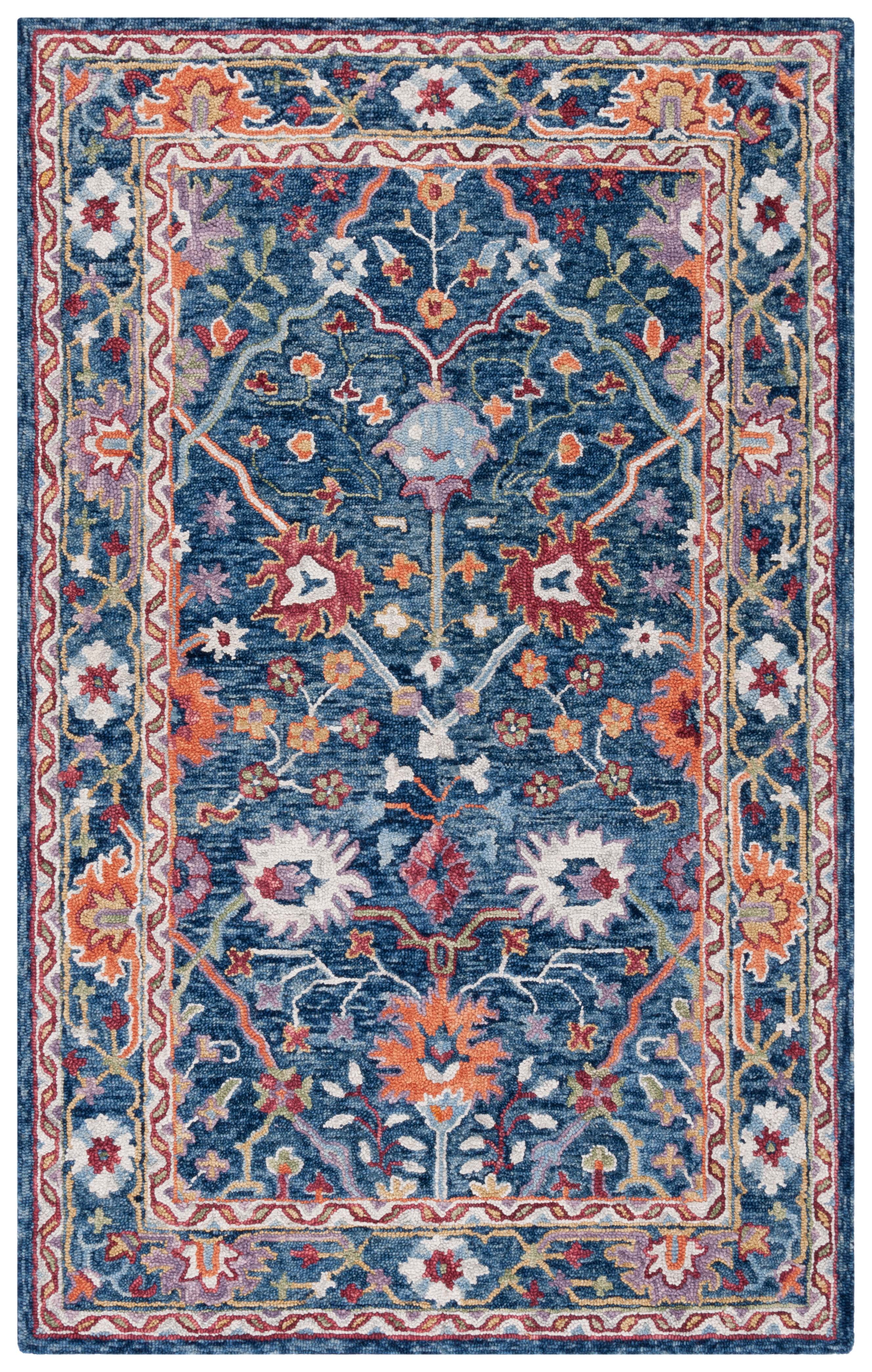 Blue Floral Handmade Wool Tufted Rectangular Rug, 3' x 5'
