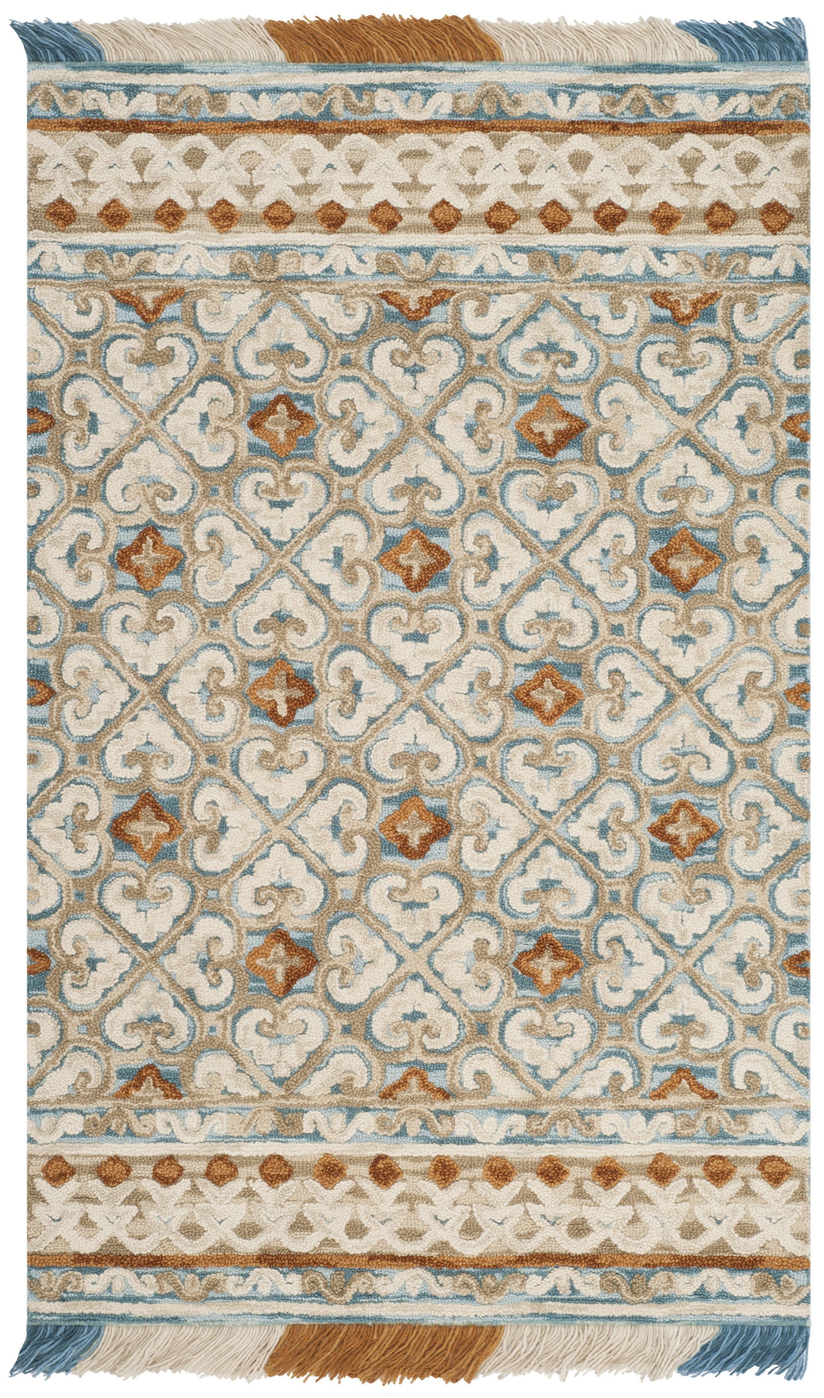 Ivory and Blue Hand-Tufted Wool Area Rug, 5' x 8'