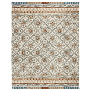 SAFAVIEH Blossom Jocelyne Geometric Fringe Wool Runner Rug, Ivory/Blue, 2'3" x 8'