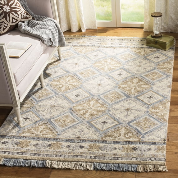 SAFAVIEH Blossom Keighley Geometric Fringe Wool Area Rug, Beige/Light Blue, 6' x 6' Square