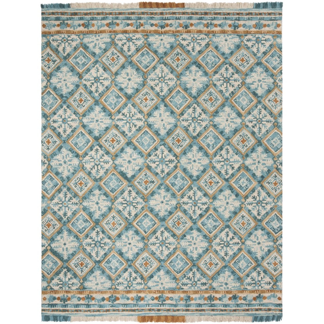 Ivory Teal Floral Tufted Wool Square Area Rug, 6' x 6'