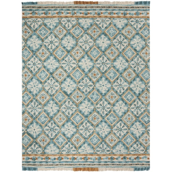 SAFAVIEH Blossom Keighley Geometric Fringe Wool Runner Rug, Ivory/Teal, 2'3" x 8'
